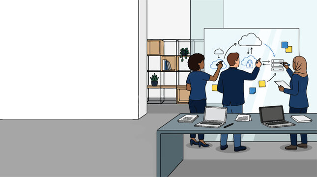 Business team collaborating on cloud computing infrastructure diagram in office illustration.