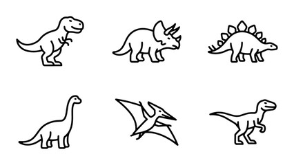 Charming Dinosaur Icons, Prehistoric Creatures Vector Set, Simple Line Art Illustrations for Kids and Education, Tyrannosaurus Rex, Triceratops, Stegosaurus, Brachiosaurus, Pterodactyl © Farin