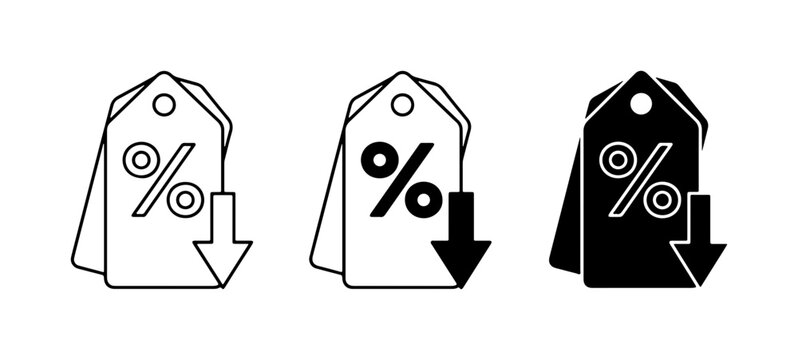 Discount Price Tags, Percentage Sign with Down Arrow Icons, Vector Graphics for Sales and Promotions