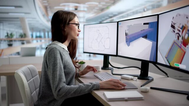 Woman Uses Computer To Explore Virtual Interior Remodel