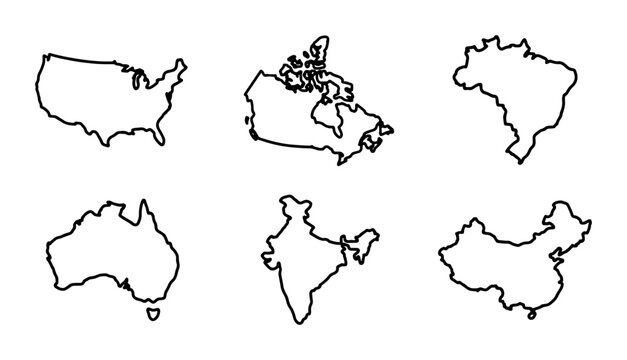 World Map Outlines: USA, Canada, Brazil, Australia, India, China Vector Icons for Global Business and Travel Concepts