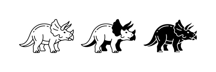 Triceratops Dinosaur Icons, Vector Set: Outline, Silhouette, and Filled Styles for Paleontology and Kids' Designs © Mili