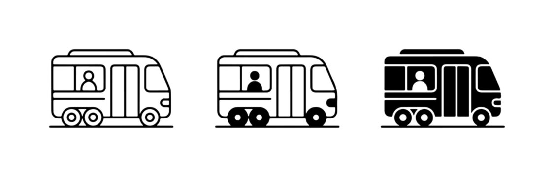 Mini Bus Icons, Compact Shuttle Vehicle Vector Graphics, Urban Commute Transportation Set