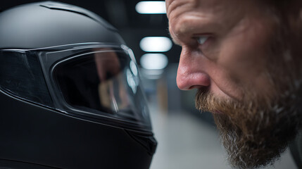 Fototapeta premium Intense Close-Up of Man with Beard Examine Full-Face Protective Helmet, Focus on Detail and Safety Gear in Dark Background, Preparation