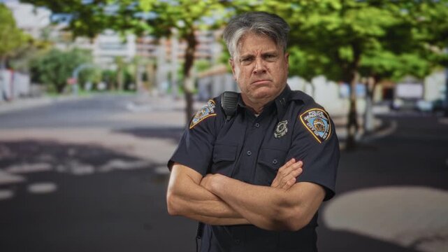 Police man with crossed arms and pointing arm on urban street, radio mic and badge visible; stern authority.