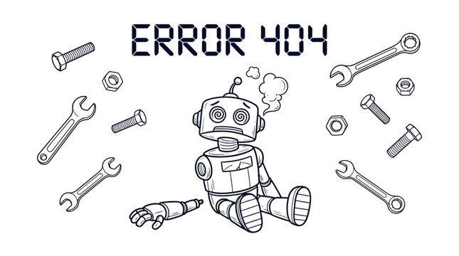 Error landing page : A broken robot malfunctions and falls apart with tools scattered around it on a screen displaying an error message.