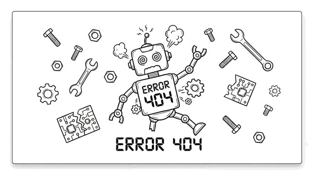 Error landing page : A broken robot malfunctions and falls apart with tools scattered around it on a screen displaying an error message.
