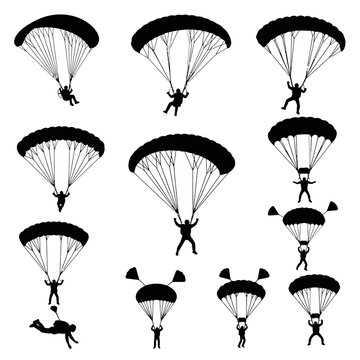 Skydiving Silhouette Collection: Parachutist Freefall and Landing Poses