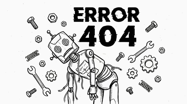 Error landing page : A broken robot malfunctions and falls apart with tools scattered around it on a screen displaying an error message.
