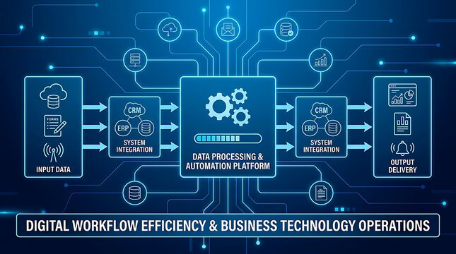 Sophisticated automation process flow displaying input data processing and output delivery via robust software platform with seamless system integration for optimized digital workflow efficiency.