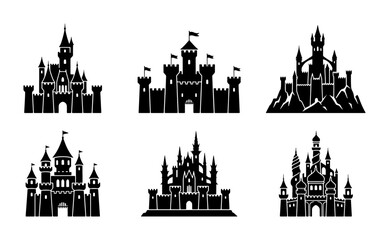 Fantasy Castle Silhouettes Collection, Medieval Fortress Icons, Royal Palace Vector Graphics, Fairytale Architecture Set © Neha