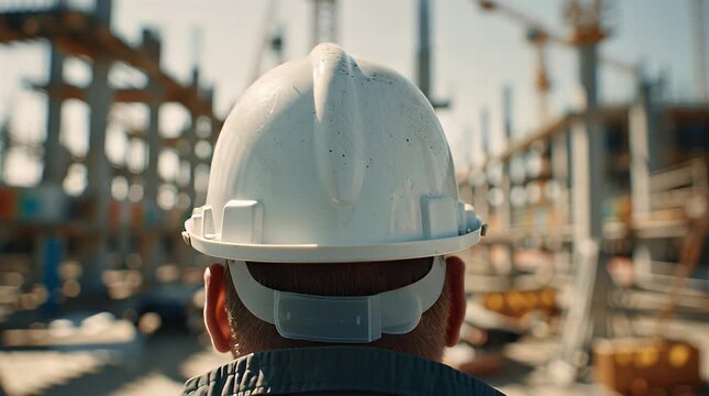 Stressed construction worker holding head at busy building site