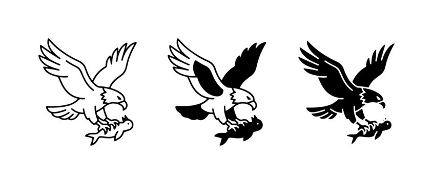 Eagle with Fish Vector Icons, Silhouette and Outline Styles, Predatory Bird Symbolism for Freedom and Strength