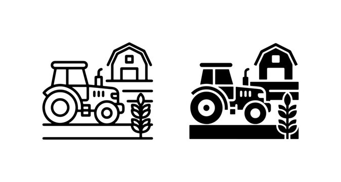 Farm Tractor and Barn Icons, Rural Agriculture Scene, Agricultural Machinery Vector Set, Countryside Estate Illustration