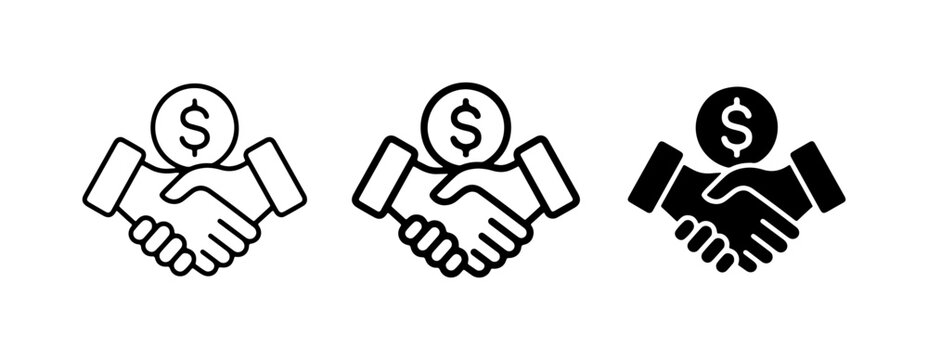 Handshake with Dollar Coin Icons, Business Deal Agreement, Financial Partnership, Transaction Symbol Set