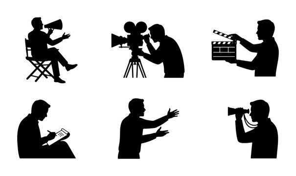 Filmmaking Icons Set, Cinema Production Silhouettes, Director and Camera Operator Graphics, Movie Making Vector Collection