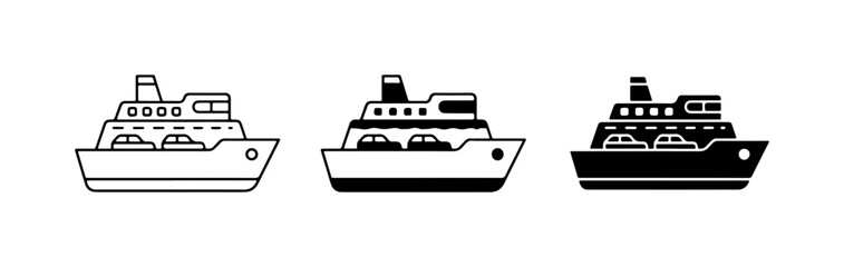 Cruise Ship Icons, Ferry Boat Vector Graphics, Maritime Transport Symbols. Set of 3 stylized ship illustrations in outline, filled, and silhouette styles for travel and nautical themes. © Aisha
