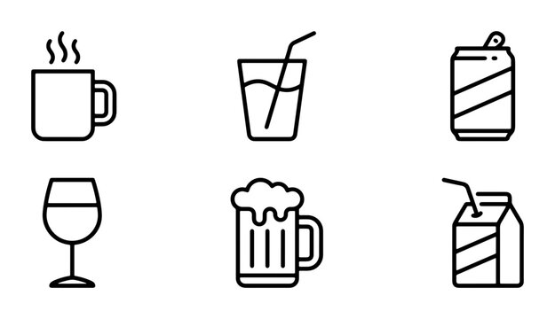 Beverage Icons Set, 6 Simple Drink Symbols, Coffee Mug, Wine Glass, Beer Mug, Juice Box, Soda Can, Water Glass, Minimalist Line Art