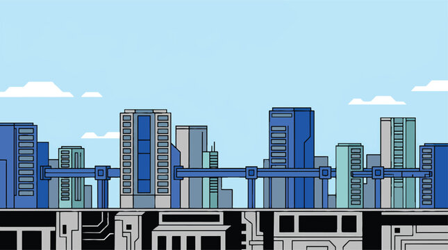 Futuristic Pixel Art Cityscape with Interconnected Skyscrapers and Skyway.