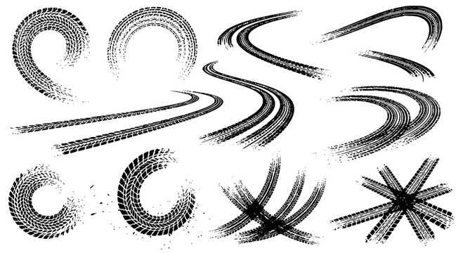 Tire tread marks after skidding, launch, drift, powerslide in motorsport, rally, off-road, motocross. Wheel texture with splash effect. Vector, transparent background SVG version.