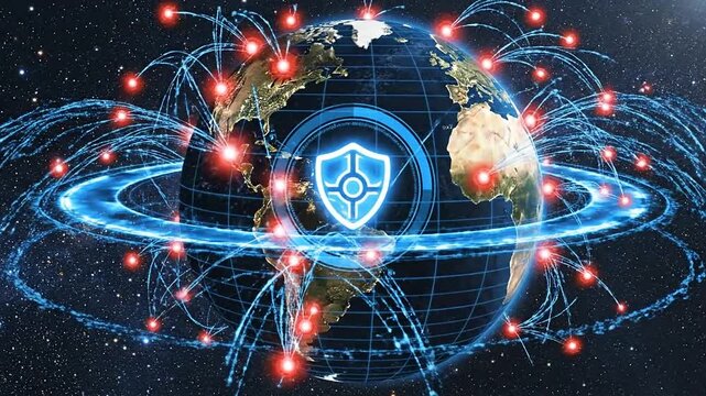 Global network scanning on a blue screen with radar technology monitoring security