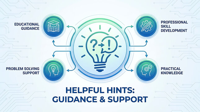Strategic helpful hints concept for efficient problem solving guidance and practical knowledge support within educational informational and professional skill development business application.