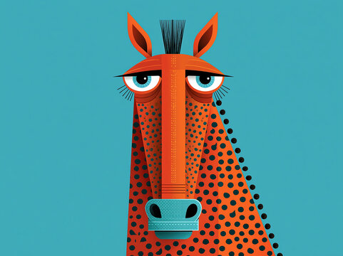 Minimalist whimsical portrait of a brown horse and a giraffe, both rendered in flat design style The horse has exaggerated features and flat colors the giraffe is orange with dot patt - AI-Generated