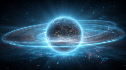 Fototapeta premium Earth in Cosmic Orbit: Futuristic Energy Rings Surrounding the Planet — Sci-Fi Space Background