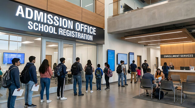Admission office school registration sign at educational institution entrance with students waiting for enrollment processing and academic administrative services in a modern facility.