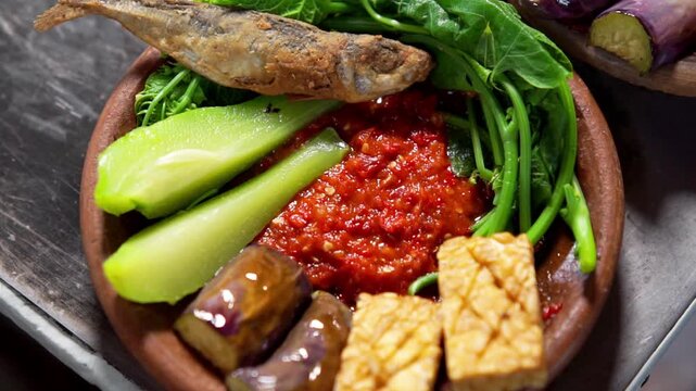 Indonesian spicy (sambal) on an earthenware plate with fried eggplant, fried tempeh, fried salted fish and chayote.