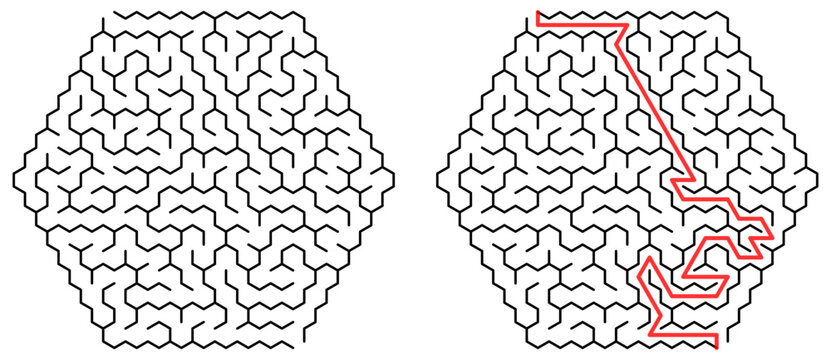 Hexagonal maze puzzle with highlighted solution path
