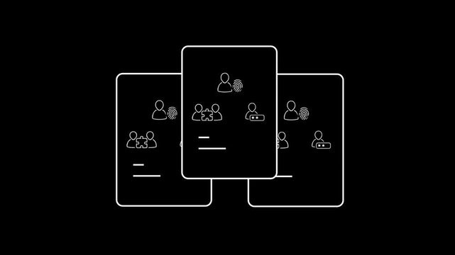 Animated digital user profile cards with human icons on dark backdrop
