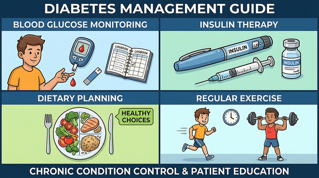 Comprehensive diabetes management infographic featuring blood glucose level monitoring insulin therapy injection syringes dietary nutrition planning regular exercise for chronic disease healthcare
