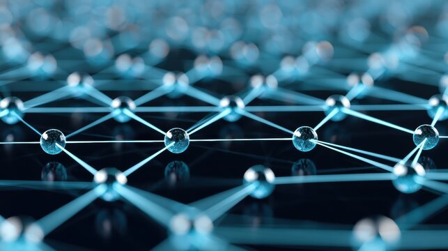 A glowing atom grid illustrates a quantum computing concept with a complex node structure on a dark navy background.