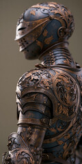 Fototapeta premium Detailed filigree armor, side view Black and gray metallic shoulder piece with intricate patterns, sturdy gauntlets, chest plate, extended arms, helmeted section Multiple light source - AI-Generated