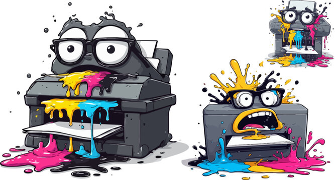 Funny cartoon printer character with glasses, messy inkjet printer leaking CMYK ink splashes, humorous office equipment vector set