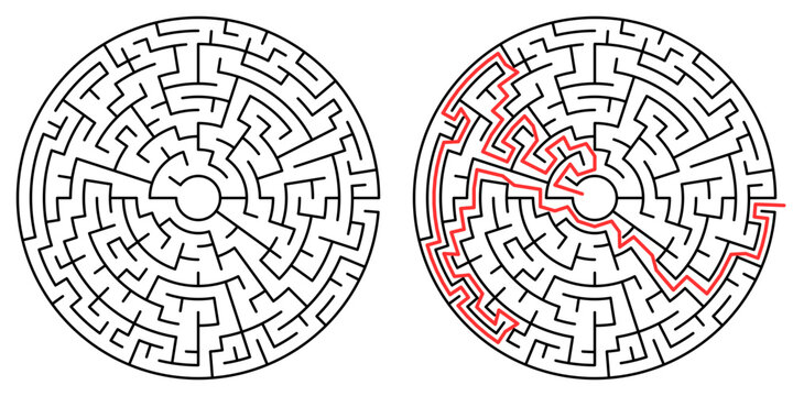 Round maze puzzle with highlighted escape route