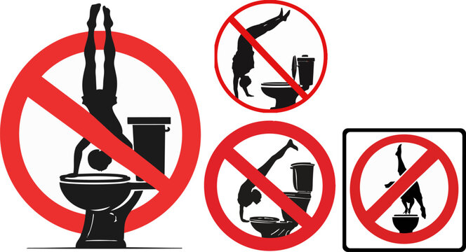 Funny no diving into toilet warning signs, humorous bathroom prohibition icons, red circle stop symbols with man silhouette jumping into commode