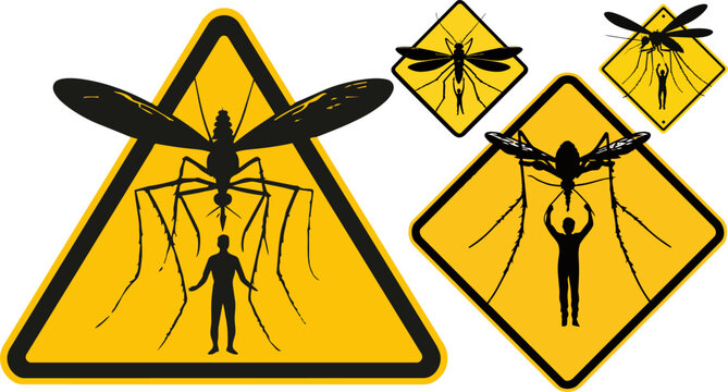 Mosquito warning signs set, yellow caution symbols with giant insect and human silhouette, malaria and zika virus prevention vector icons
