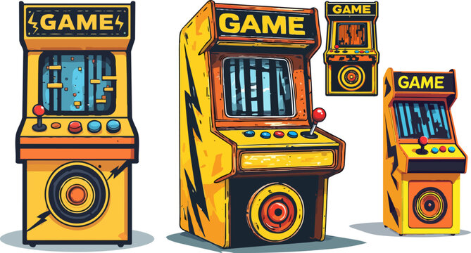 Retro arcade game machine vector set, vintage yellow gaming cabinets with joystick and buttons, classic 80s video game console illustrations