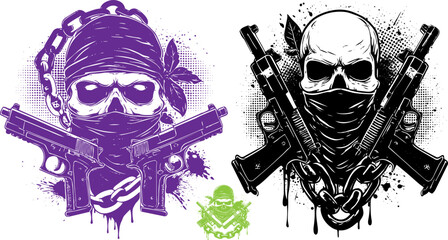 Grungy skull vector set with crossed handguns and chains, aggressive street art skull illustrations, urban gang style skull graphics for t-shirt design © Design