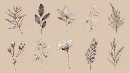 Obraz premium Hand-Drawn Botanical Illustrations: Delicate Line Art of Wild Flowers, Ferns and Leaves — Perfect for Eco-Design and Decor