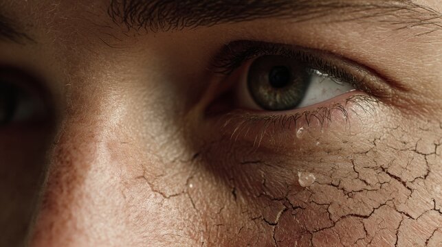 Cracked Skin Texture on Face: Close-Up of Human Eye and Dry Skin &mdash; Symbol of Dehydration and Environmental Impact