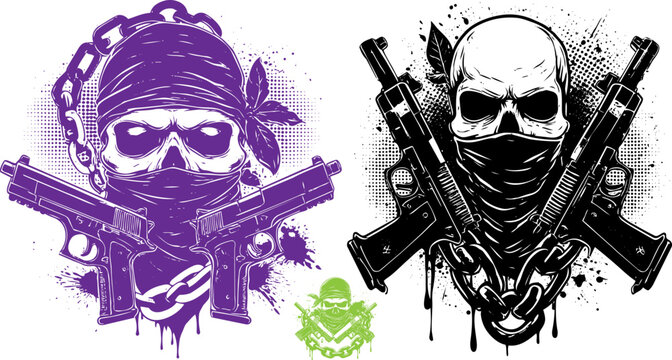 Grungy skull vector set with crossed handguns and chains, aggressive street art skull illustrations, urban gang style skull graphics for t-shirt design