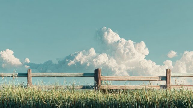 Serene Horizon: Wooden Fence Against a Turquoise Sky with Puffy Clouds &mdash; Rustic Peaceful Landscape