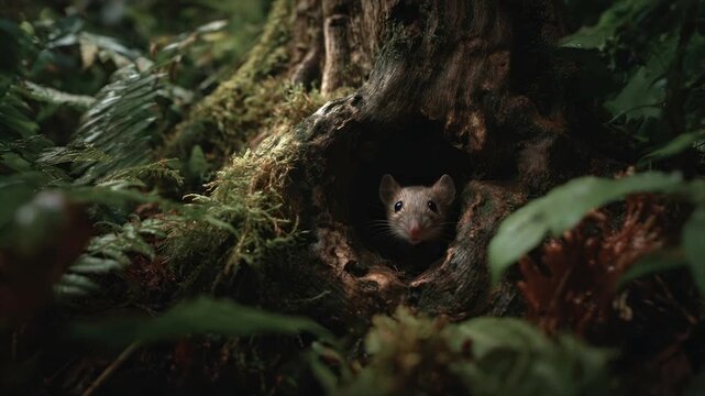 A mouse peers from a dark tree hollow surrounded by lush ferns and forest foliage
