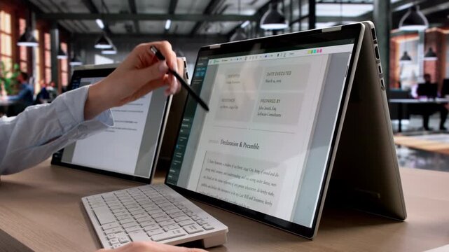 Lawyer Carefully Reviewing Last Will Document On Laptop Screen