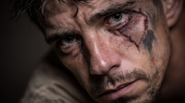 Intense Gaze of a Battle-Worn Man: Close-Up of Face with Scar and Bruise &mdash; Emotional Drama for Storytelling Projects