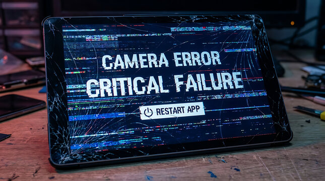 Digital device failure with camera system error message displayed on a glitched cracked tablet screen showing critical software malfunction and hardware damage for technology troubleshooting.