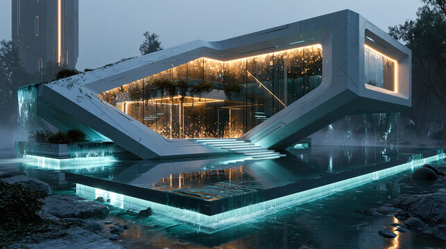Modern house with angular, glass and metalstone facade set amidst nature, partially submerged in water, multiple levels connected by lit stairs, muted cool tones, reflects surroundings - AI-Generated